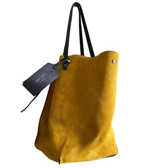 Jimmy Choo Leopard Twist Tote Suede Leather Trim Calf Hair Mustard Yellow Italy - Picture 4 of 16